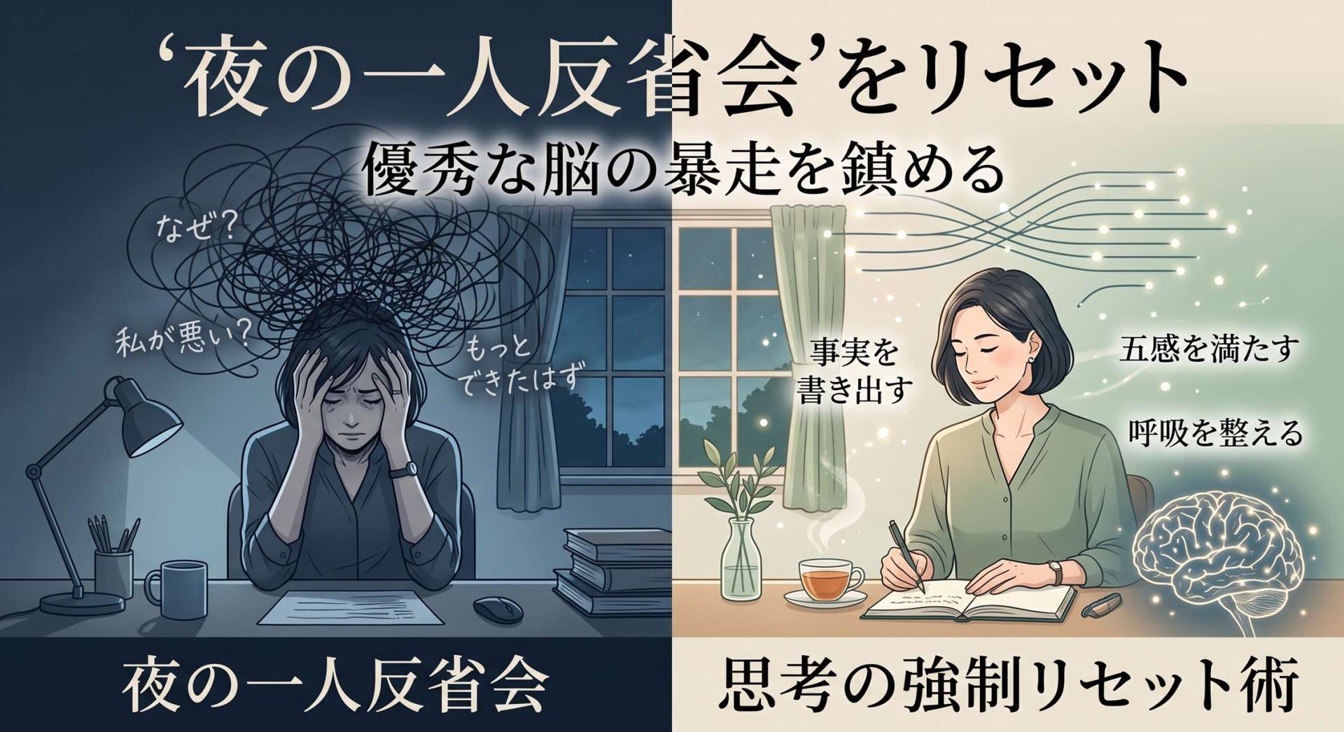 「夜の一人反省会」が止まらない日。優秀な脳が起こすDMNの暴走を鎮める、思考の強制リセット術